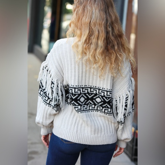 Ready For Anything Taupe & Black Tassel Aztec Sweater - Picture 4 of 16
